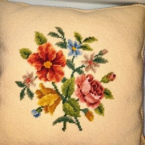 Vintage Floral Bouquet Needlepoint Tapestry Accent Pillow Cottage Core